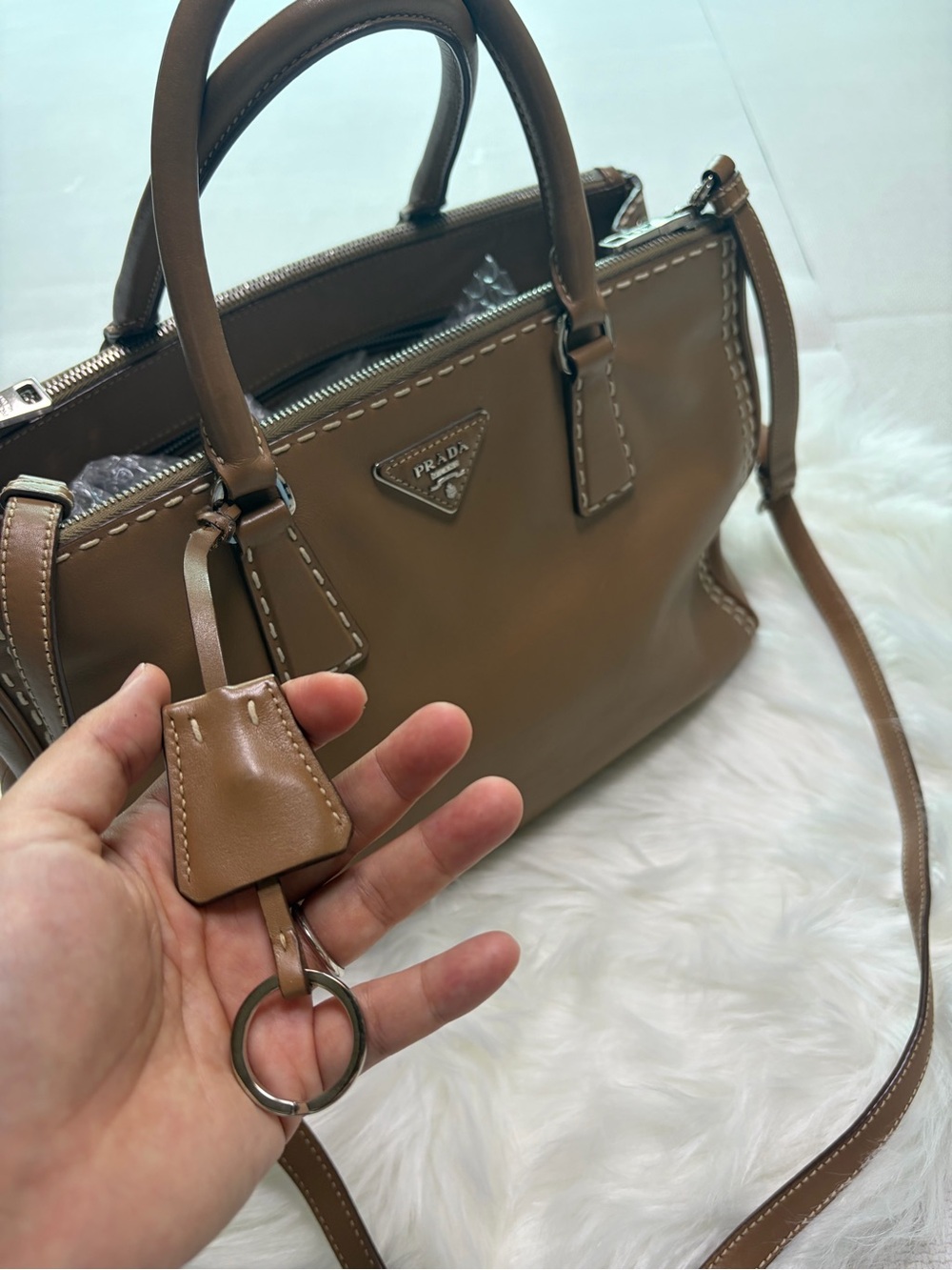 Prada Tan Leather Satchel with Stitch Detailing - Picture 12 of 16